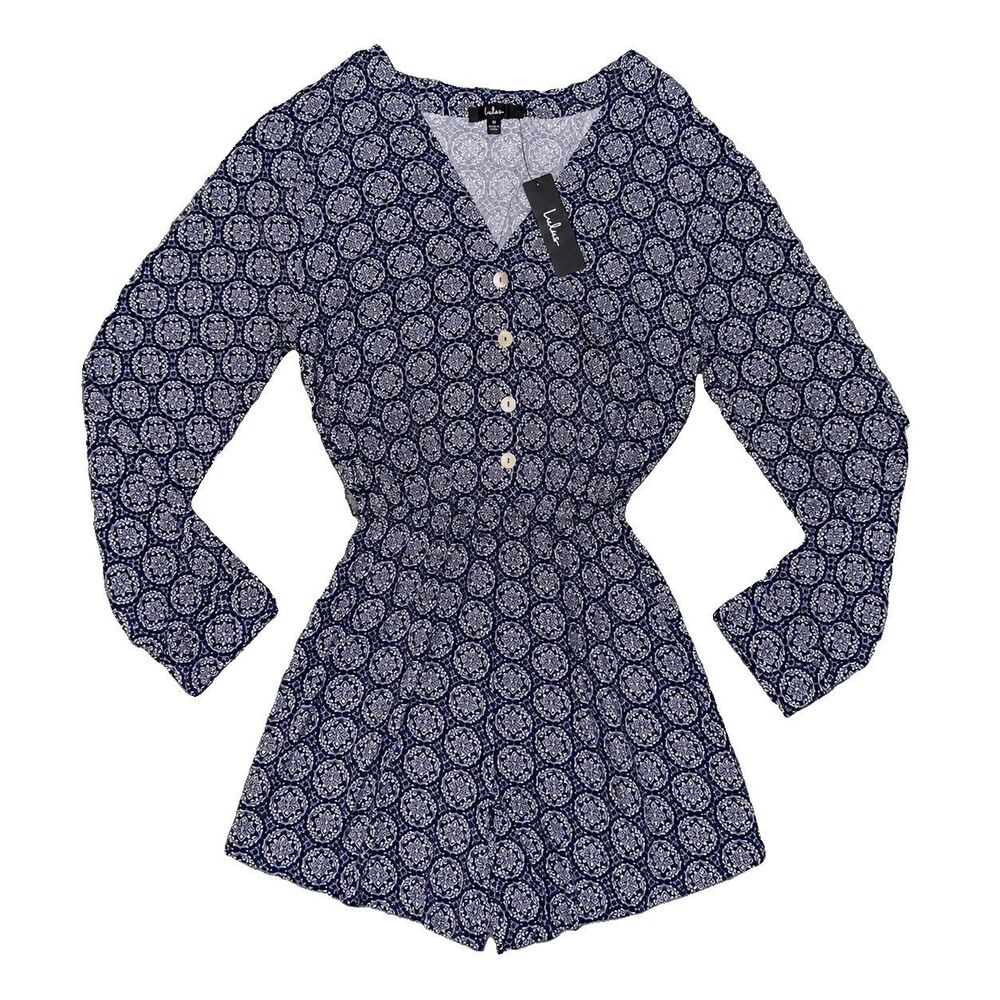 Lulus Romper Womens M Navy White Geometric Long Sleeve Belted NWT - Picture 2 of 8
